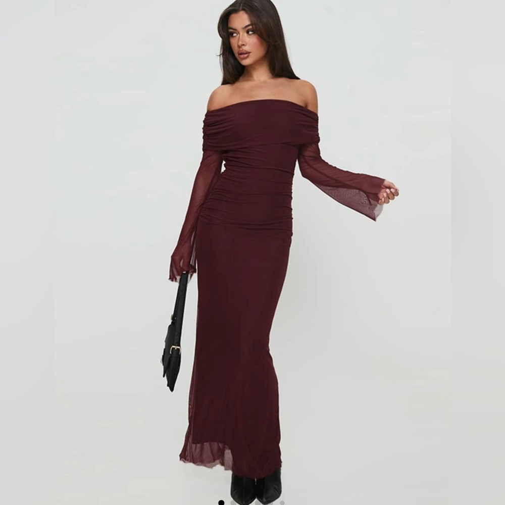 Women's Off The Shoulder Ruched Sheer Tulle Bodycon Dress, Elegant Long